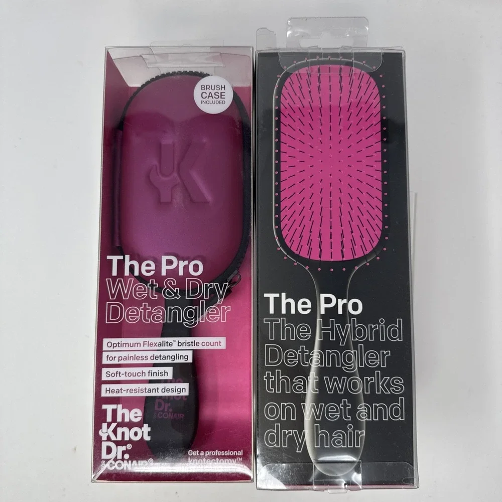 2 Pack Conair Wet Dry Hair Detangler Brush Knot Doctor Pink Case Heat Resistant